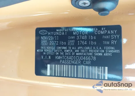 2012 Hyundai Veloster Base W/Black z USA, uszkodzony, nr VIN KMHTC6AD1CU046678